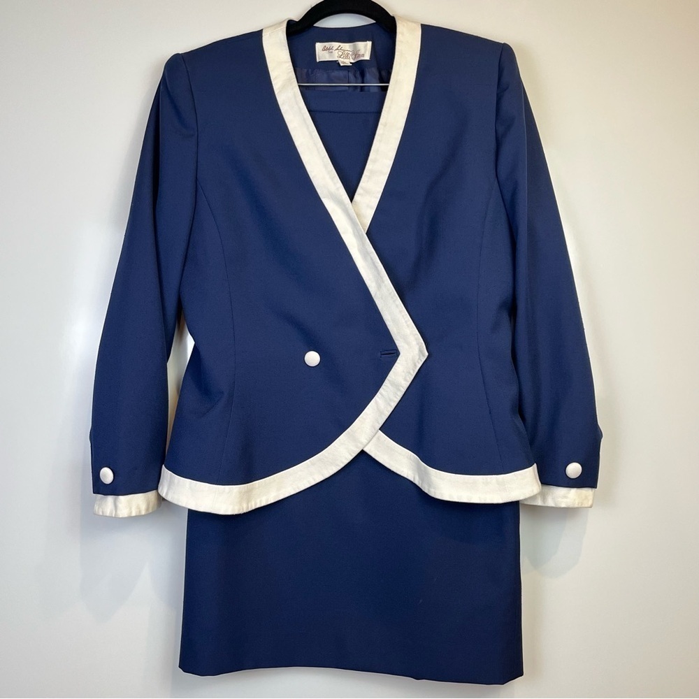 Adolph Schuman Lilli Ann Vintage Elegant Blue White Women's Blazer Skirt Suit